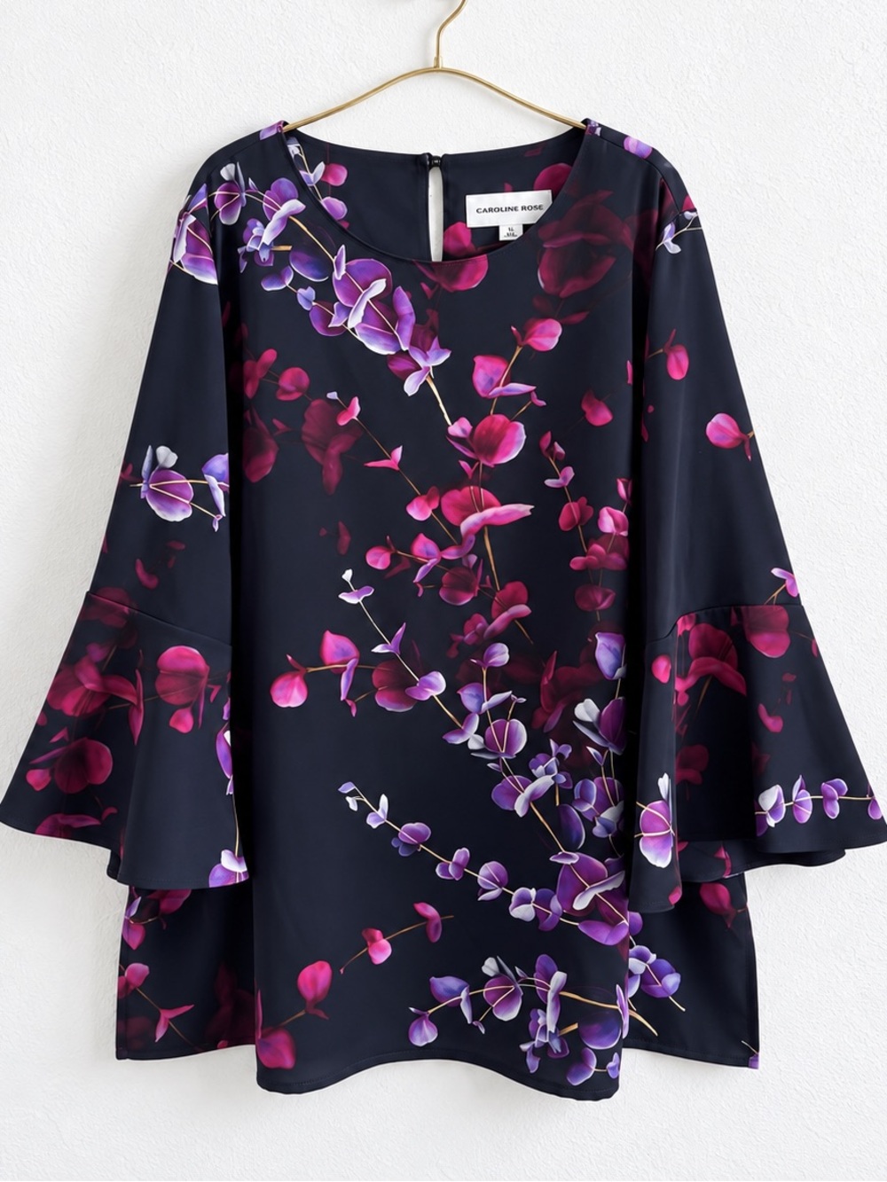 Caroline Rose Bella Navy Orchid Floral Bell Sleeve Tunic Top 1X USA